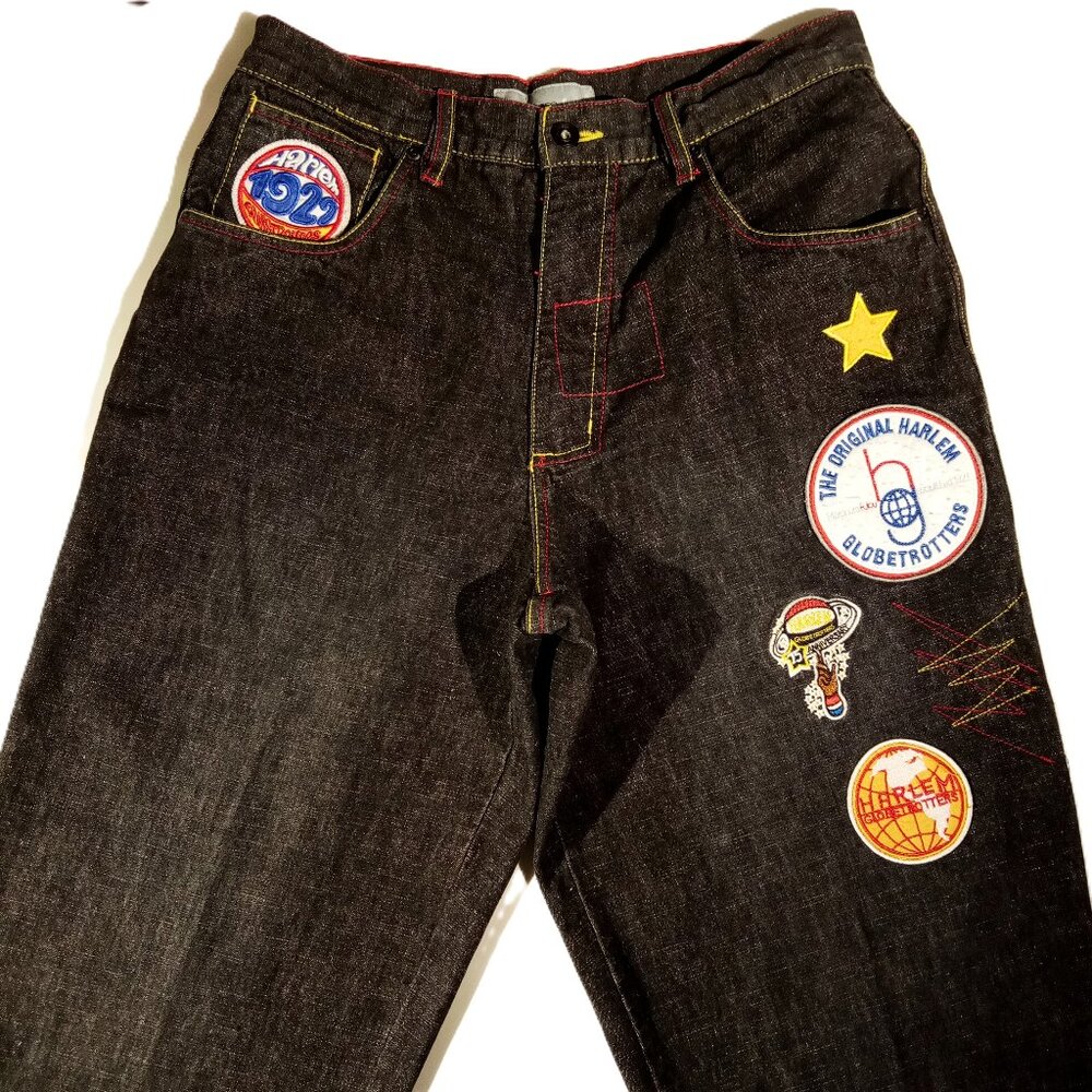 Platinum FUBU Harlem Globetrotters Jeans  sz 32  Black  Patches  Baggy  Vintage